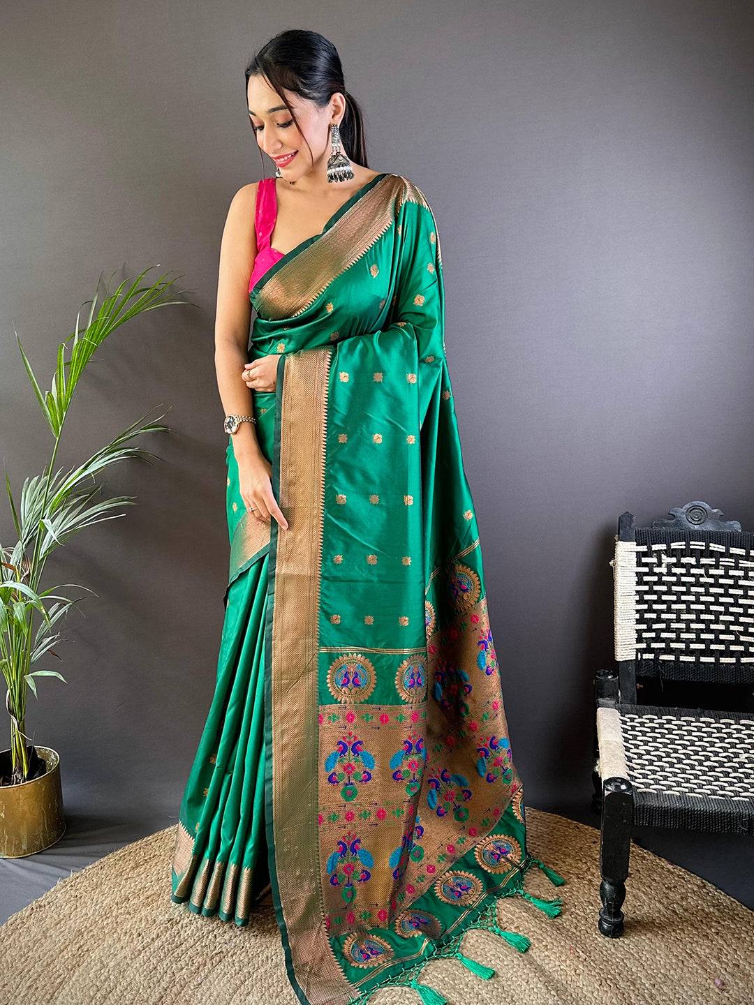 Jade Green Copper Elegance Soft Silk Saree by My Store