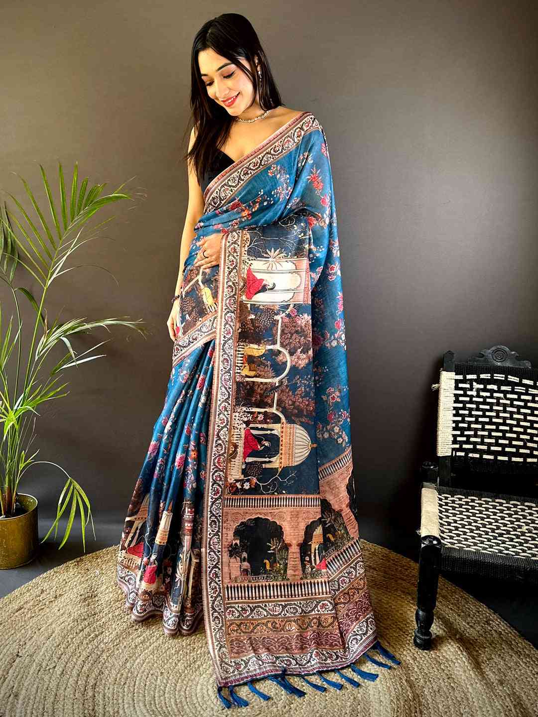 Deep Blue Tissue Chanderi Kalamkari Handprint Saree by My Store