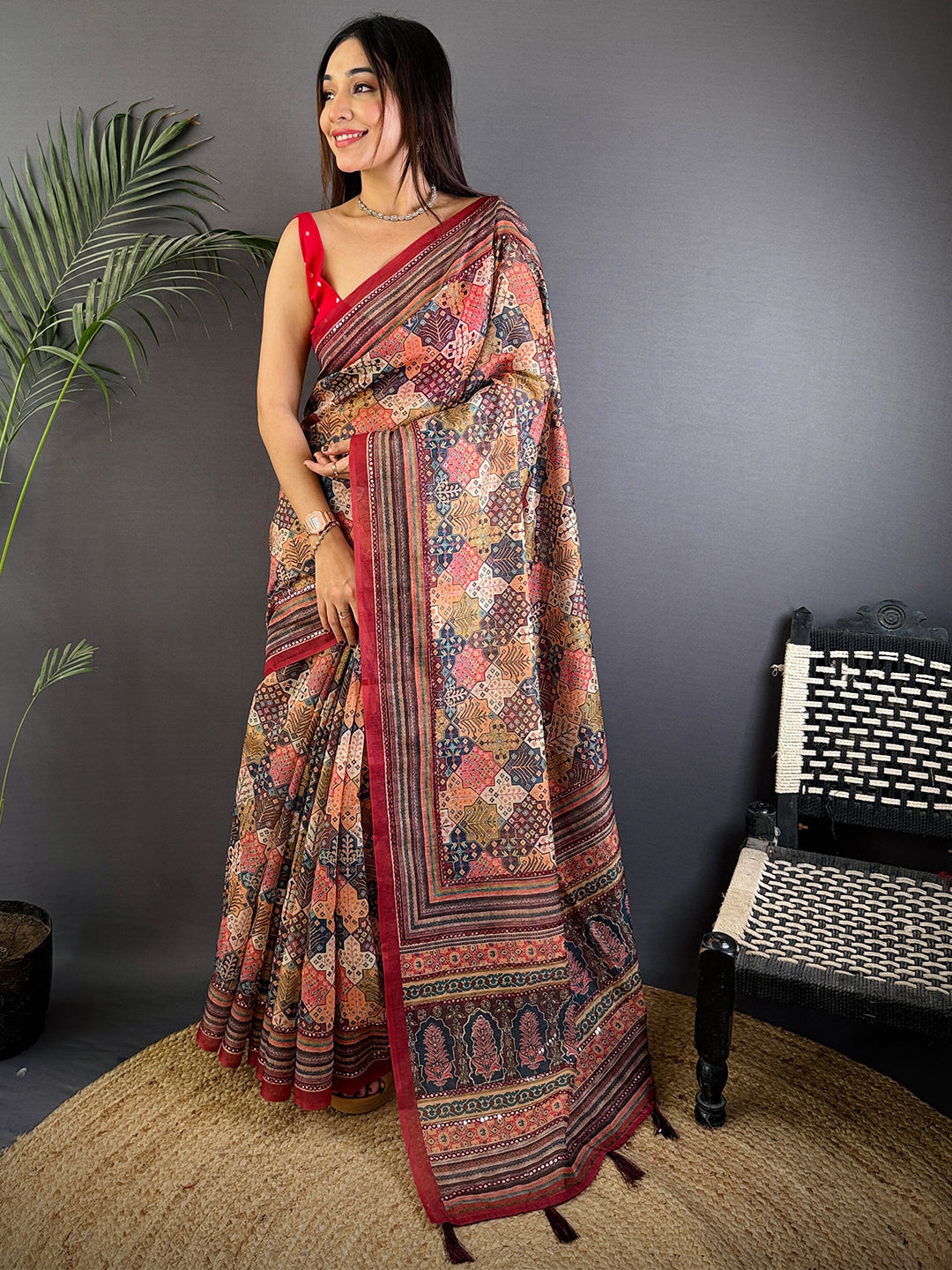 Multi Charm Mirror Work Silk Saree by My Store