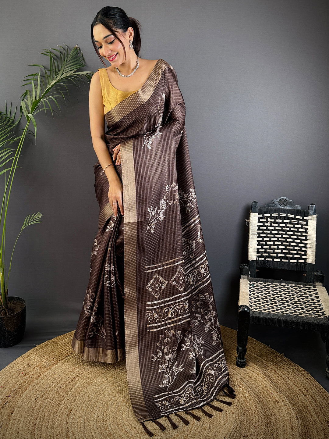 Floral Printed Coffee Brown Chanderi Saree