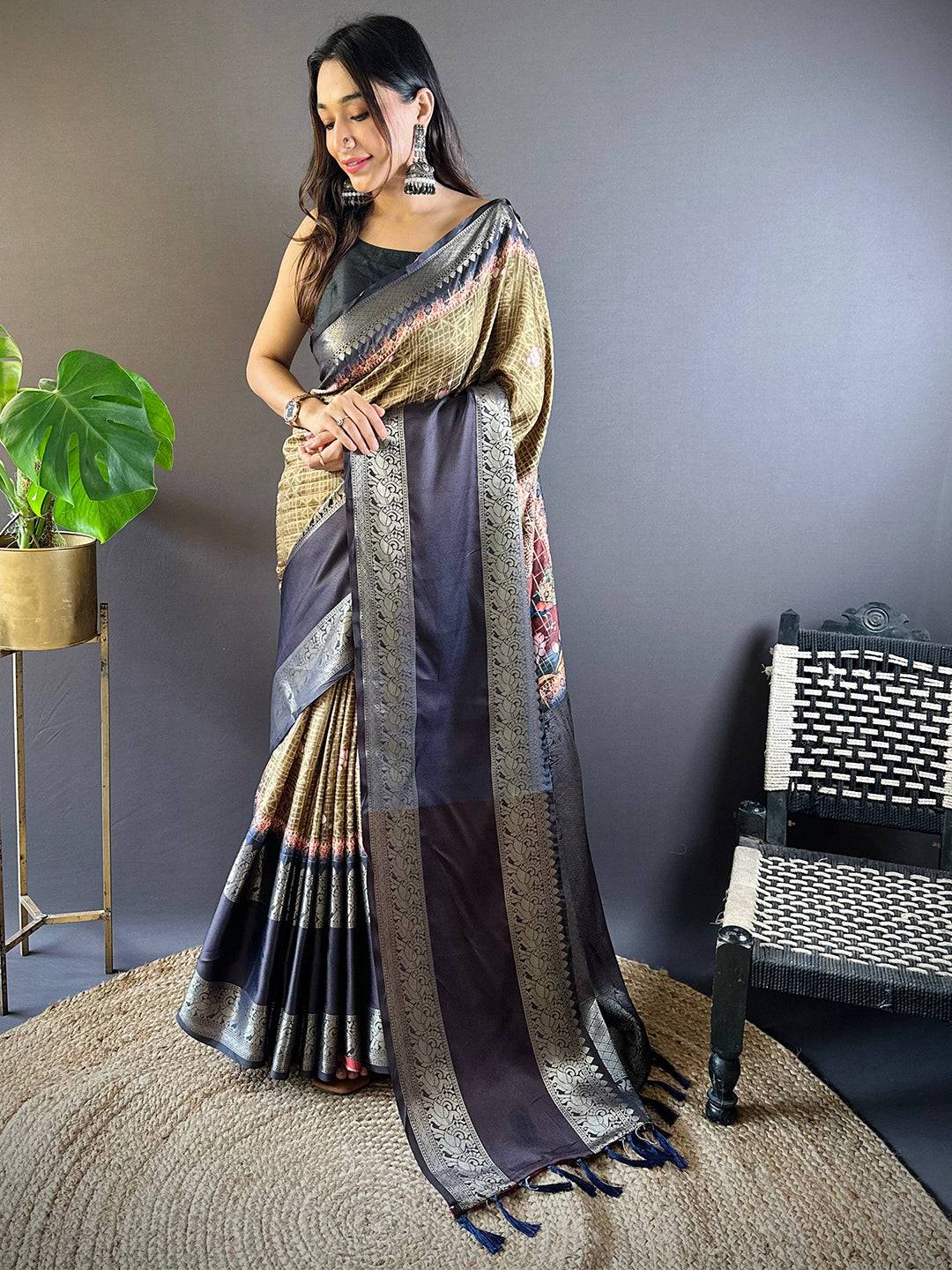 Olive Banarasi Pichwai Print Saree by My Store