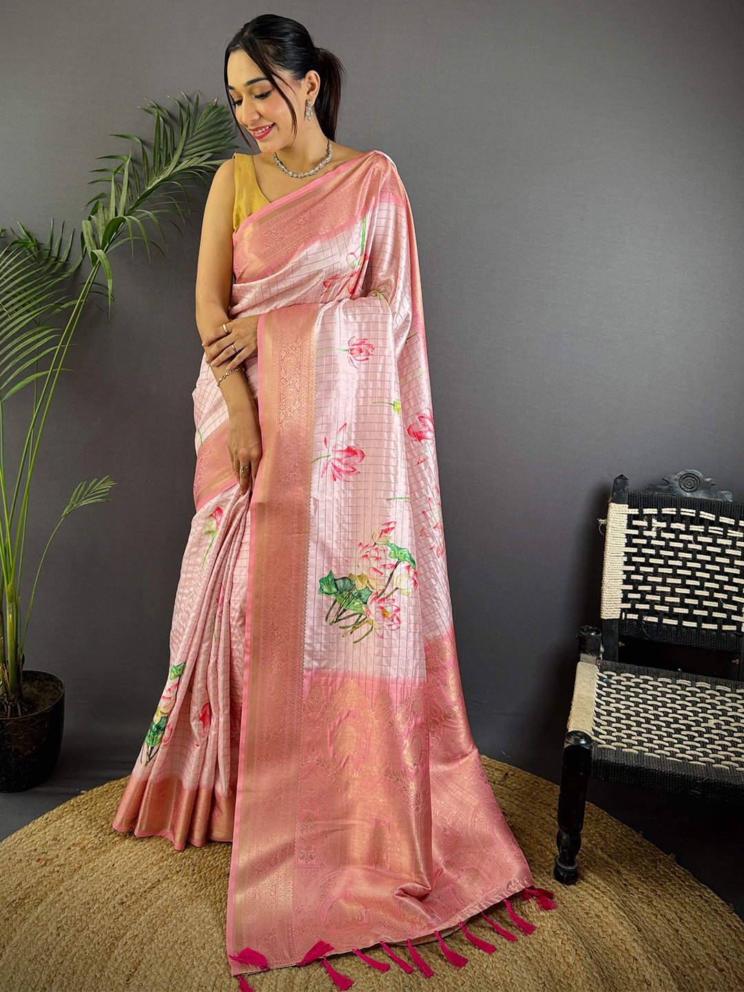 Rose Pink Banarasi Silk Digital Printed Saree by My Store
