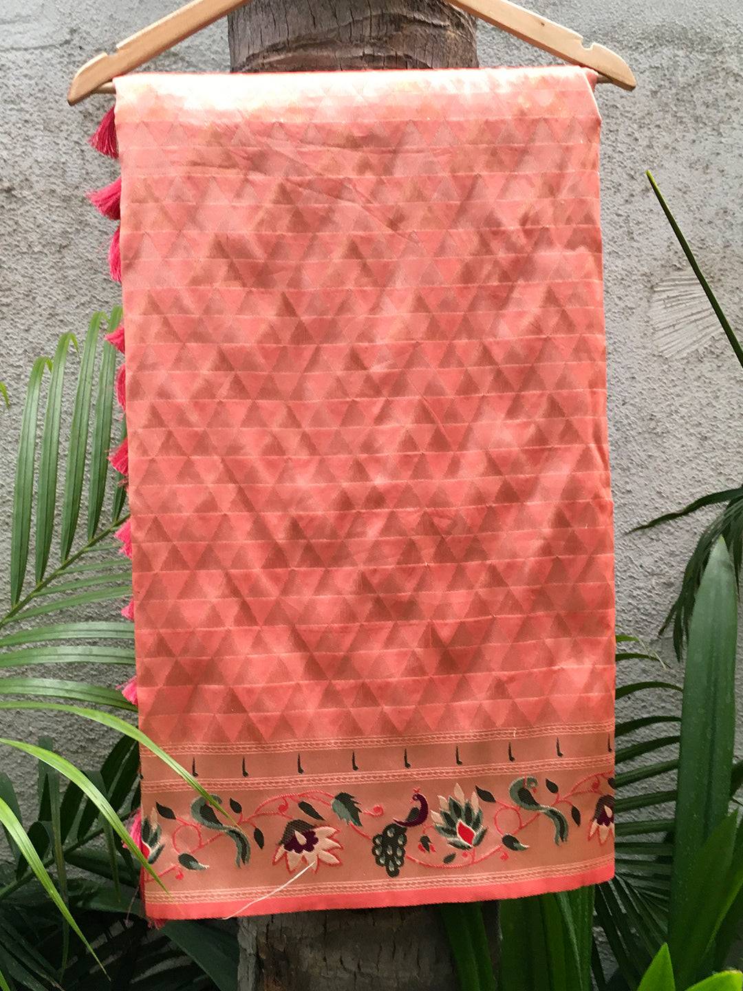 Peach Silk Blend Woven Zari Work Paithani Saree by My Store