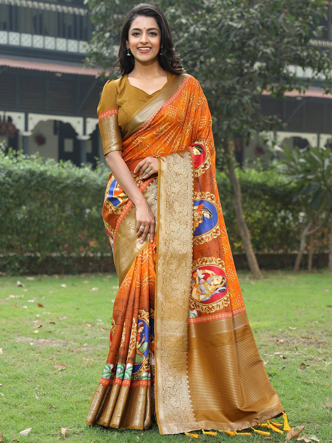 Orange Pure Viscose Dola Silk Saree with Mughal Print Border - Luxe by My Store