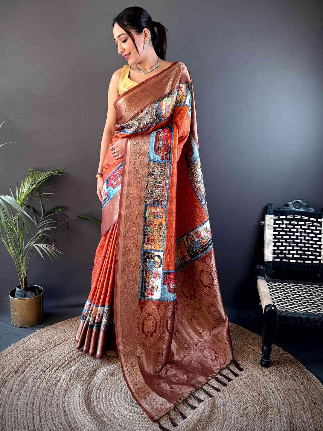 Rust Orange Tussar Silk Kalamkari Checkered Saree by My Store