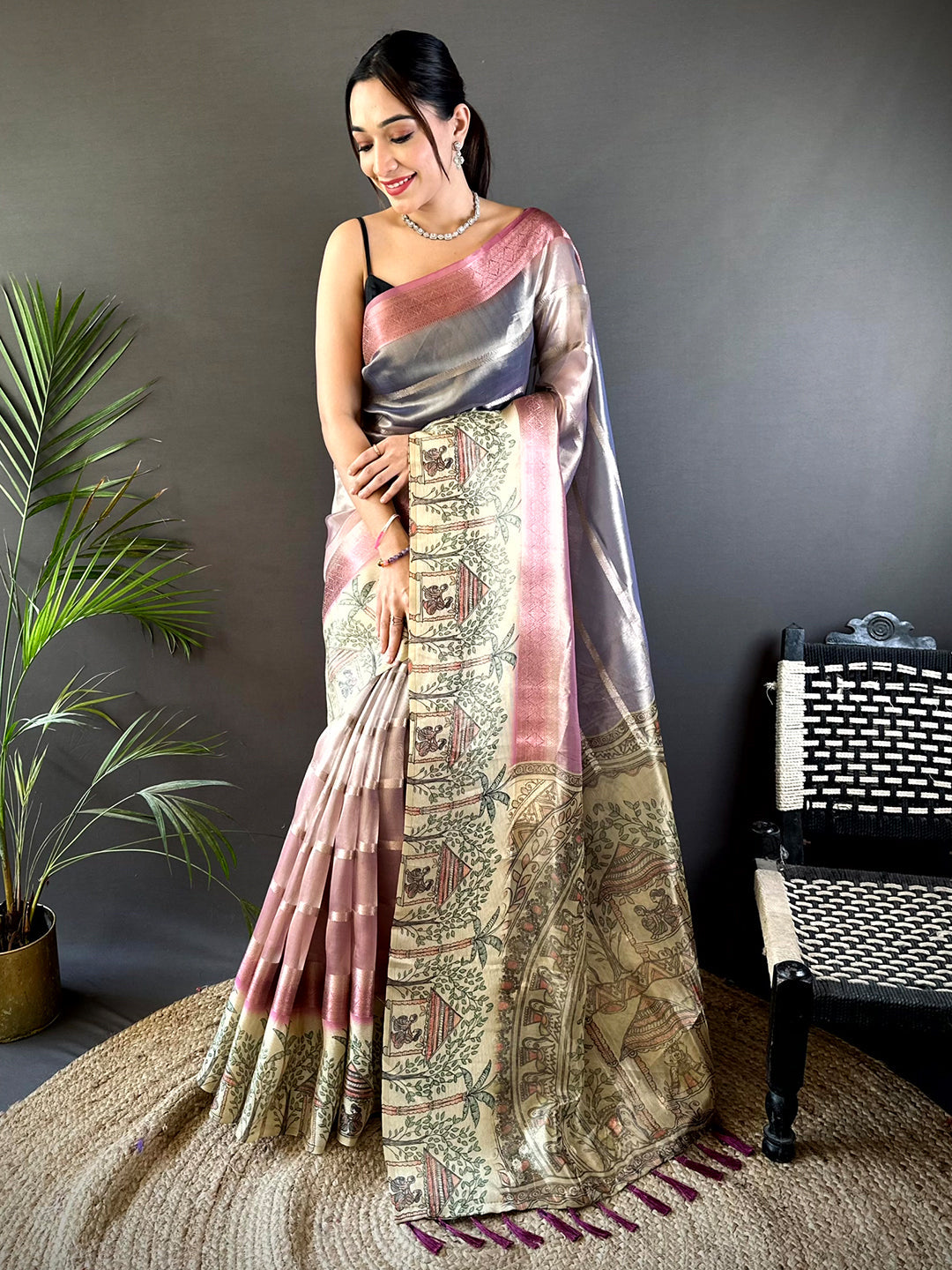 Pink Tissue Madhubani Print Saree by My Store