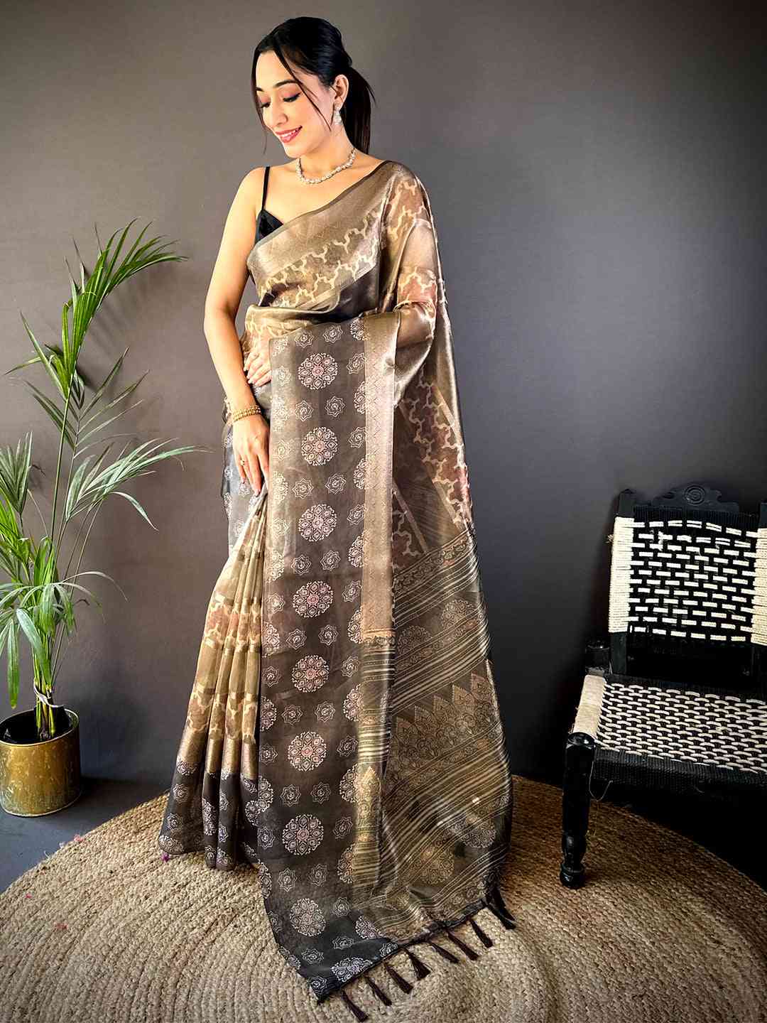 Light Maroon Tissue Striped Digital Printed Saree by My Store