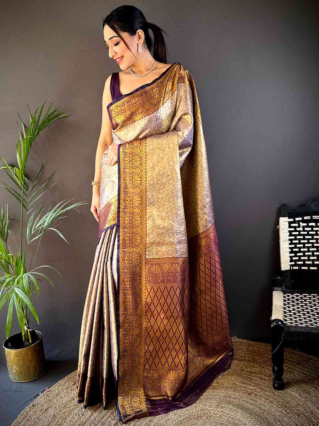 Gold Zari Floral Saree in Black by My Store