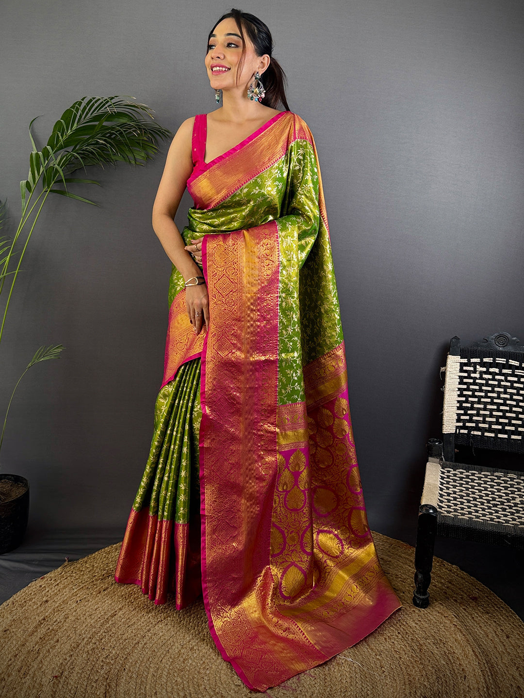 Lime Green Dharmavaram Silk Saree by My Store