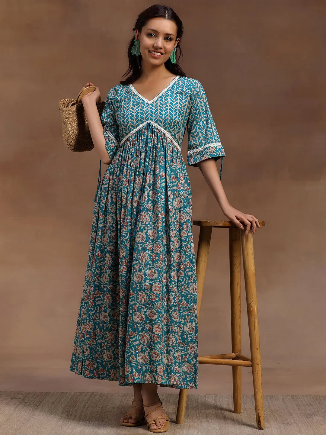 Green Printed Cotton Fit and Flare Dress by My Store