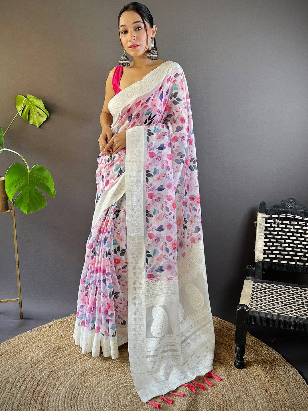 Radiant Lakhnavi Floral Print Saree by My Store