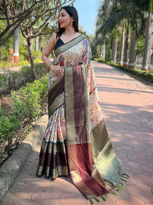 Light Green Colour Double Border Chex Weaving Banarasi Soft Silk Saree by My Store