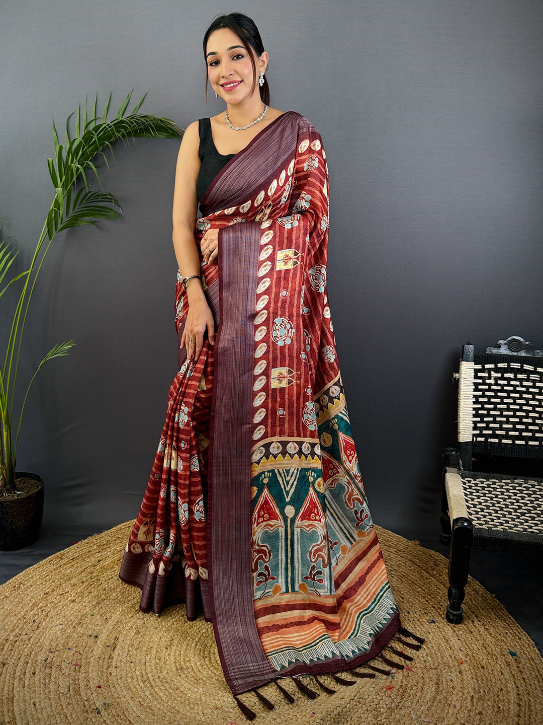 Red Linen Block Kalamkari Print Saree by My Store