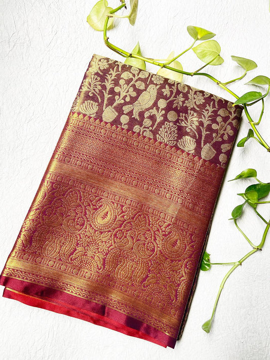 Ivory Wine Kanjivaram With Golden Zari Work Saree by My Store