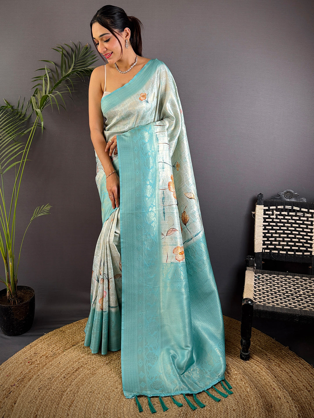 Sky Blue Kanjivaram Silk Digital Print Saree by My Store