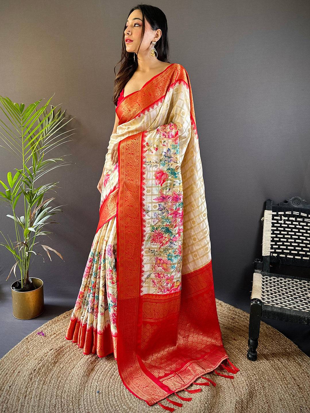 Red Floral Bloom Kovai Rettapet Saree by My Store