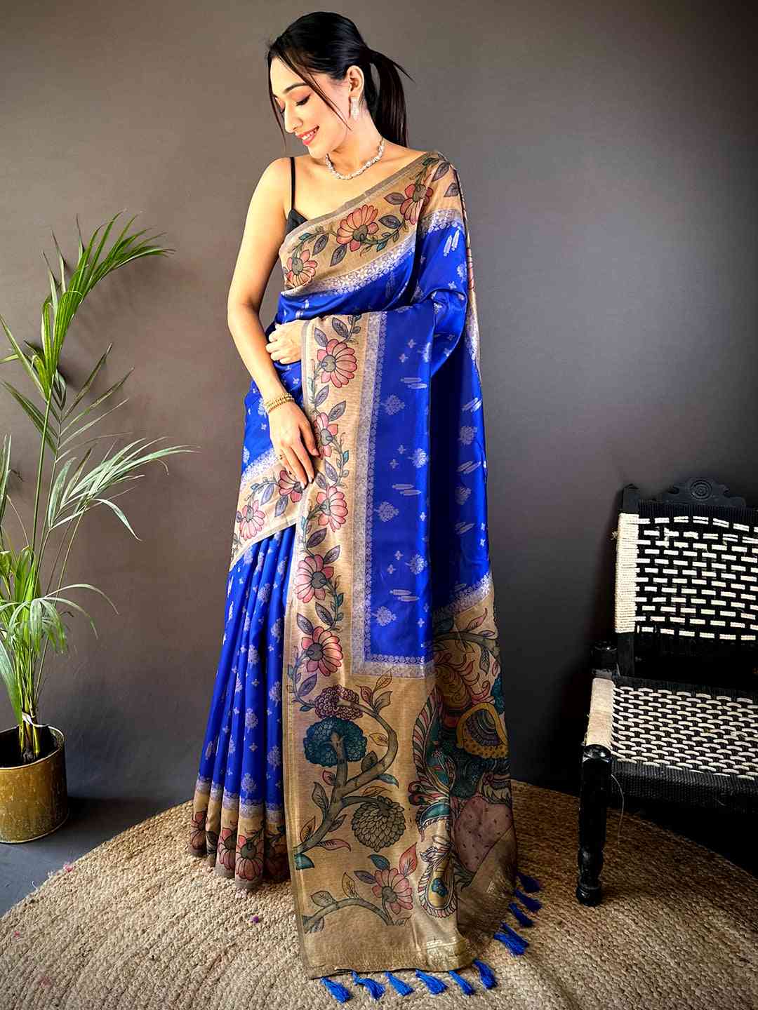 Royal Blue Soft Silk Kalamkari Printed Pallu Saree by My Store