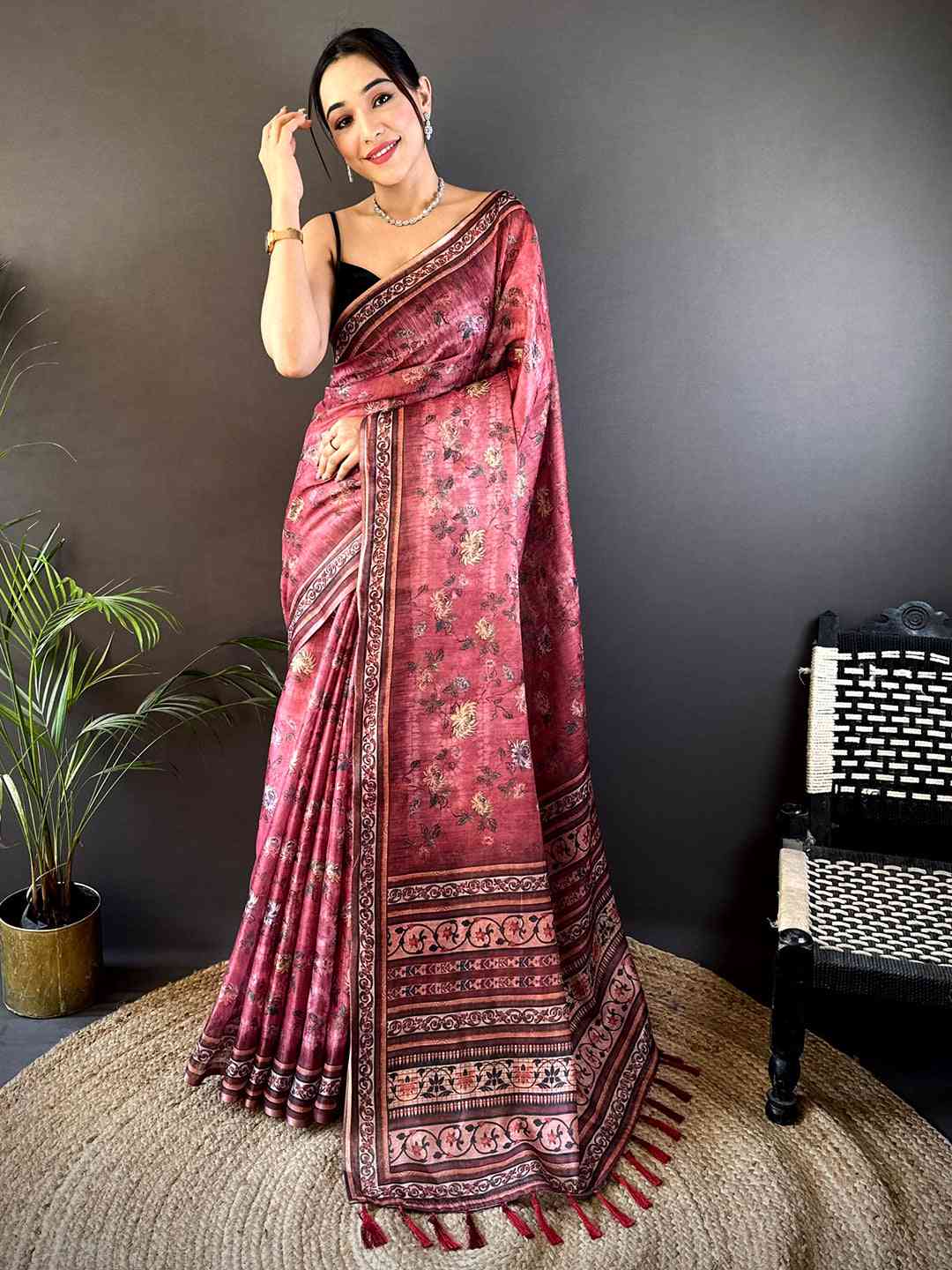Rose Pink Gold Zari Chanderi Phulkari Saree by My Store
