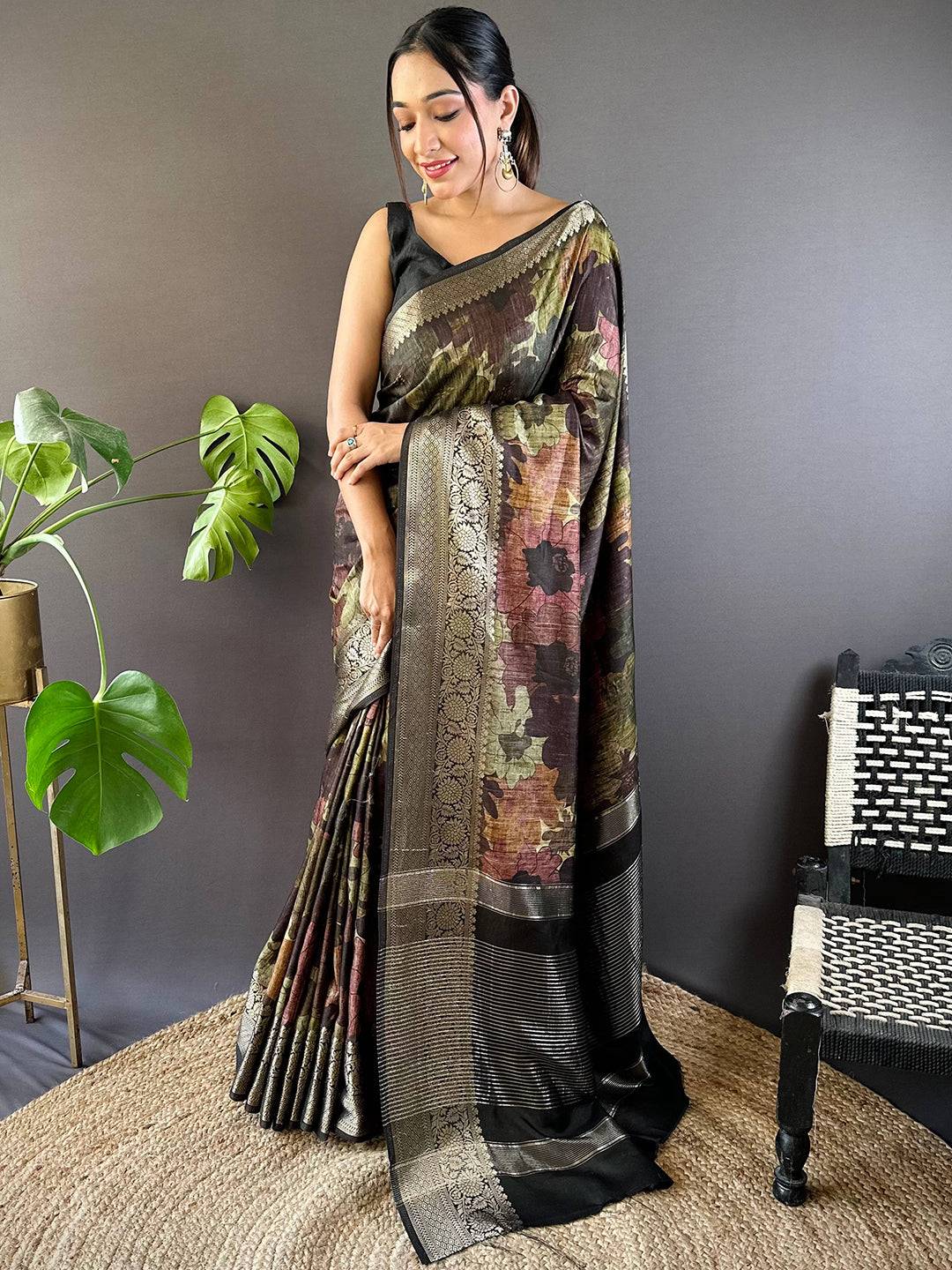Green Zari Woven Floral Dola Silk Saree by My Store