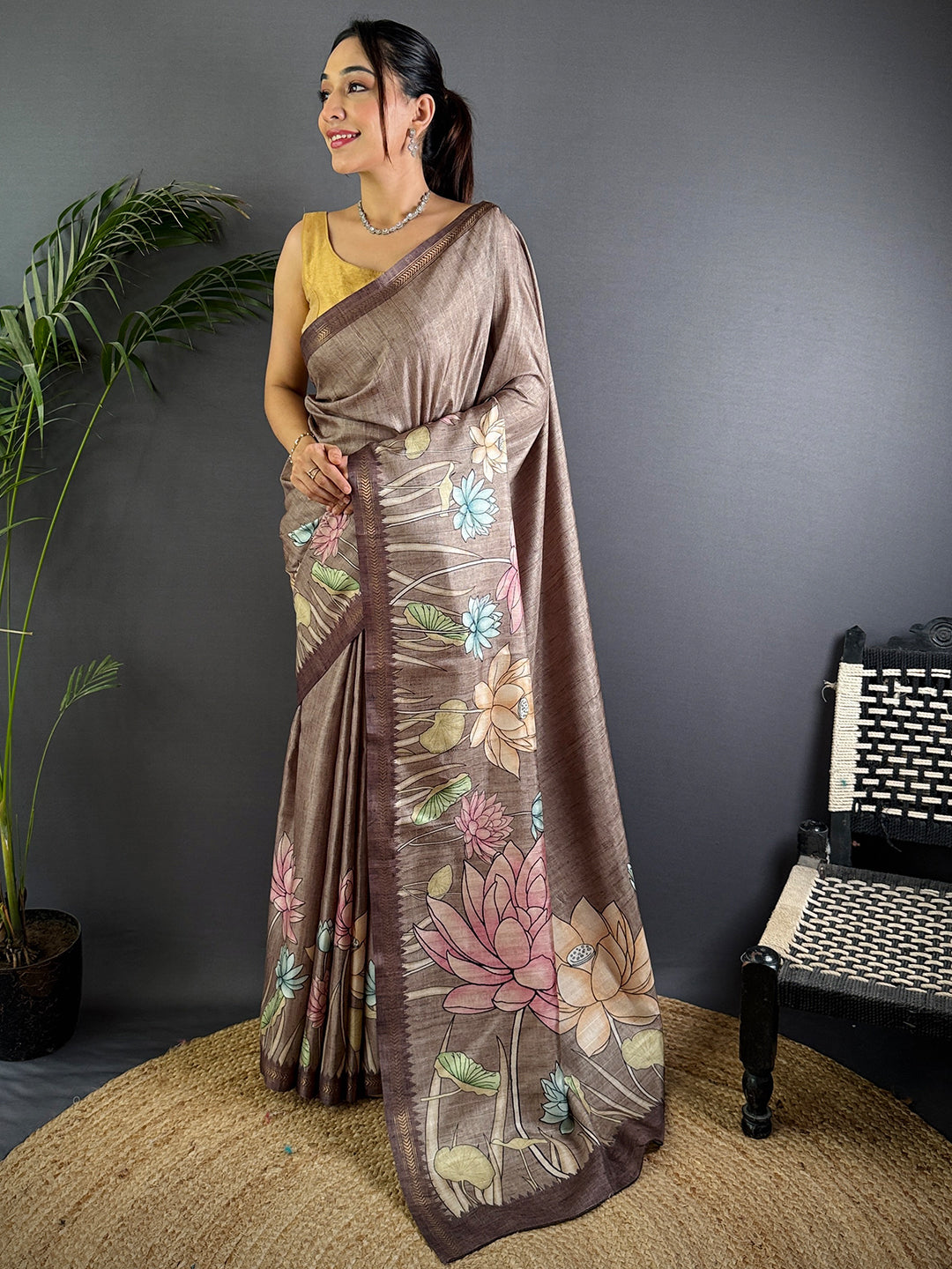Regal Brown Tussar Ghicha Silk Saree by My Store