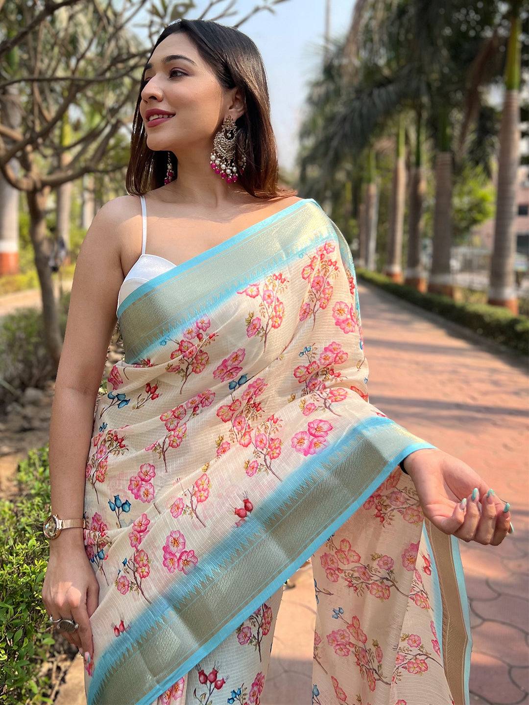 Cream Kota With Digital Floral Printed Saree by My Store