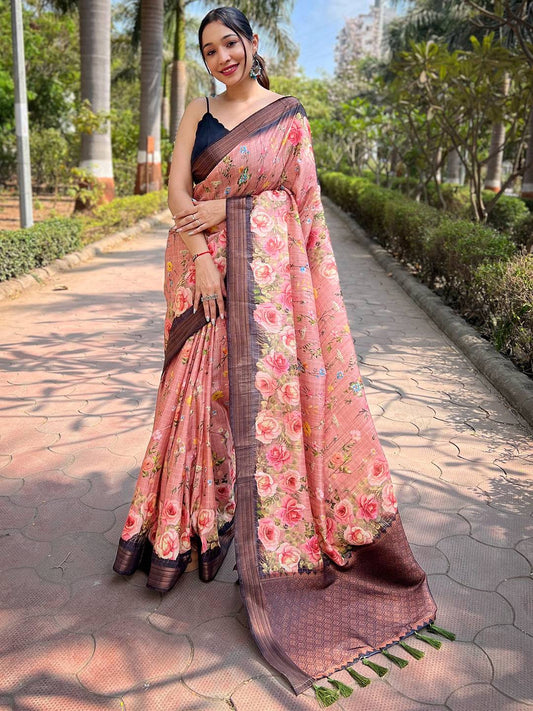 Peach Soft Silk Copper Zari Weaving Digital Floral Saree by My Store