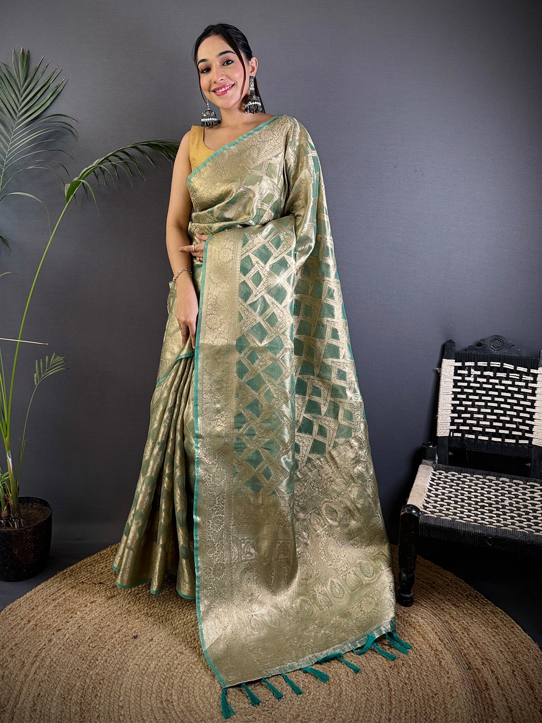 Green Tissue Jarokha Zari Weaving Saree by My Store