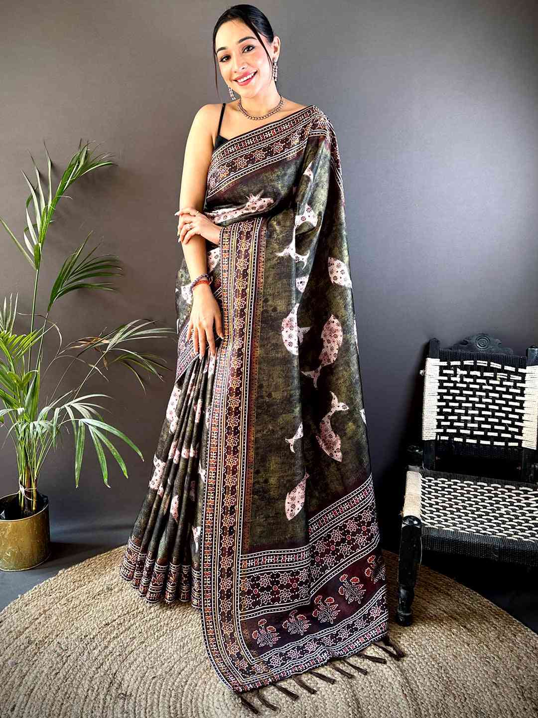 Dark Brown Soft Silk Fish Kalamkari Saree by My Store
