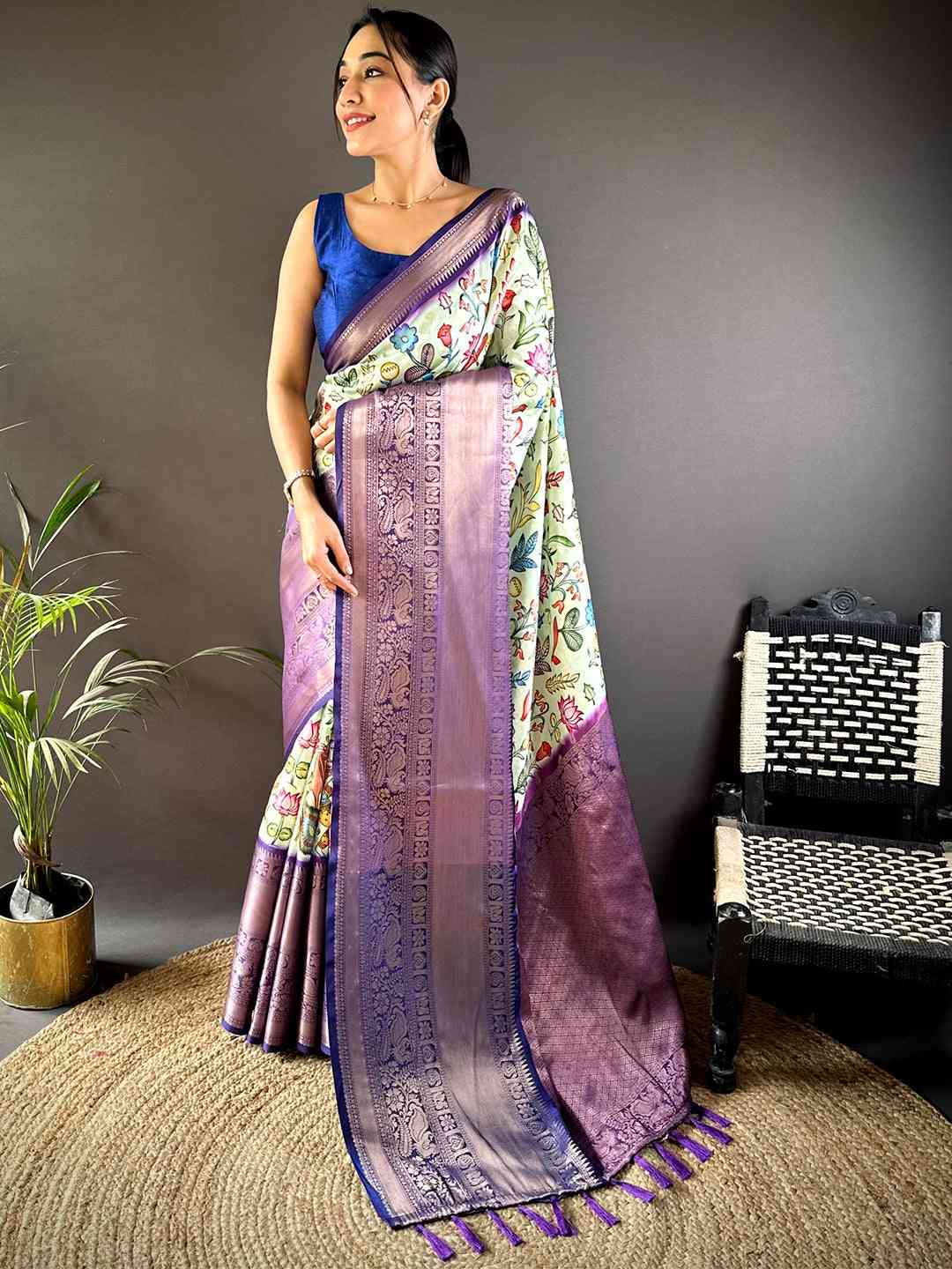 Pista Soft Banarasi Silk Floral Kalamkari Saree by My Store