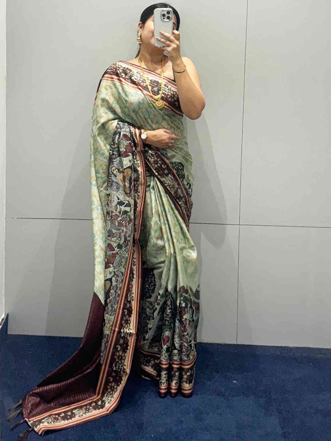 Pista Colour Satin Kota Doria Digital Kalamkari Zari Pallu by My Store