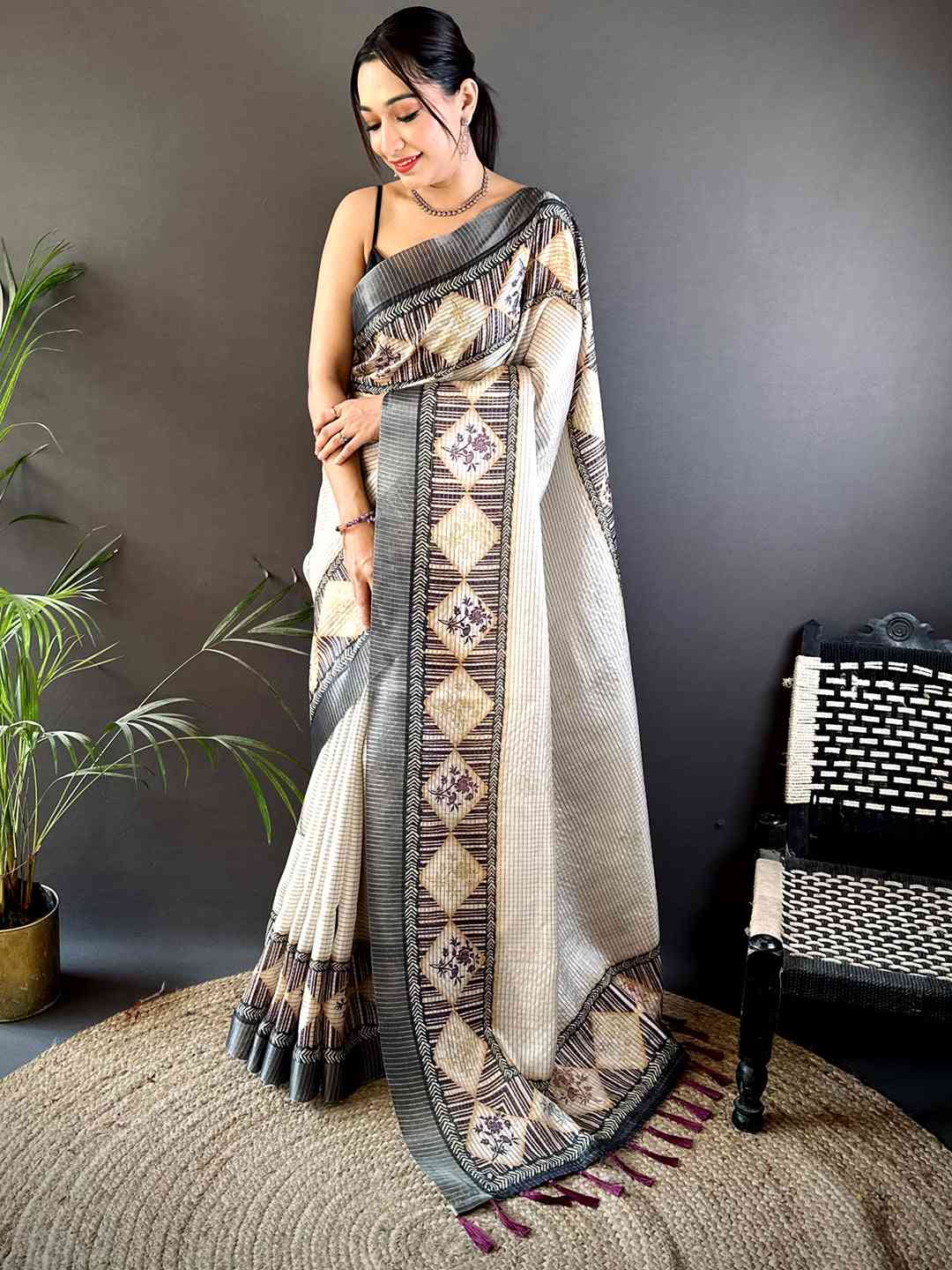 Grey Soft Silk Floral Digital Saree by My Store