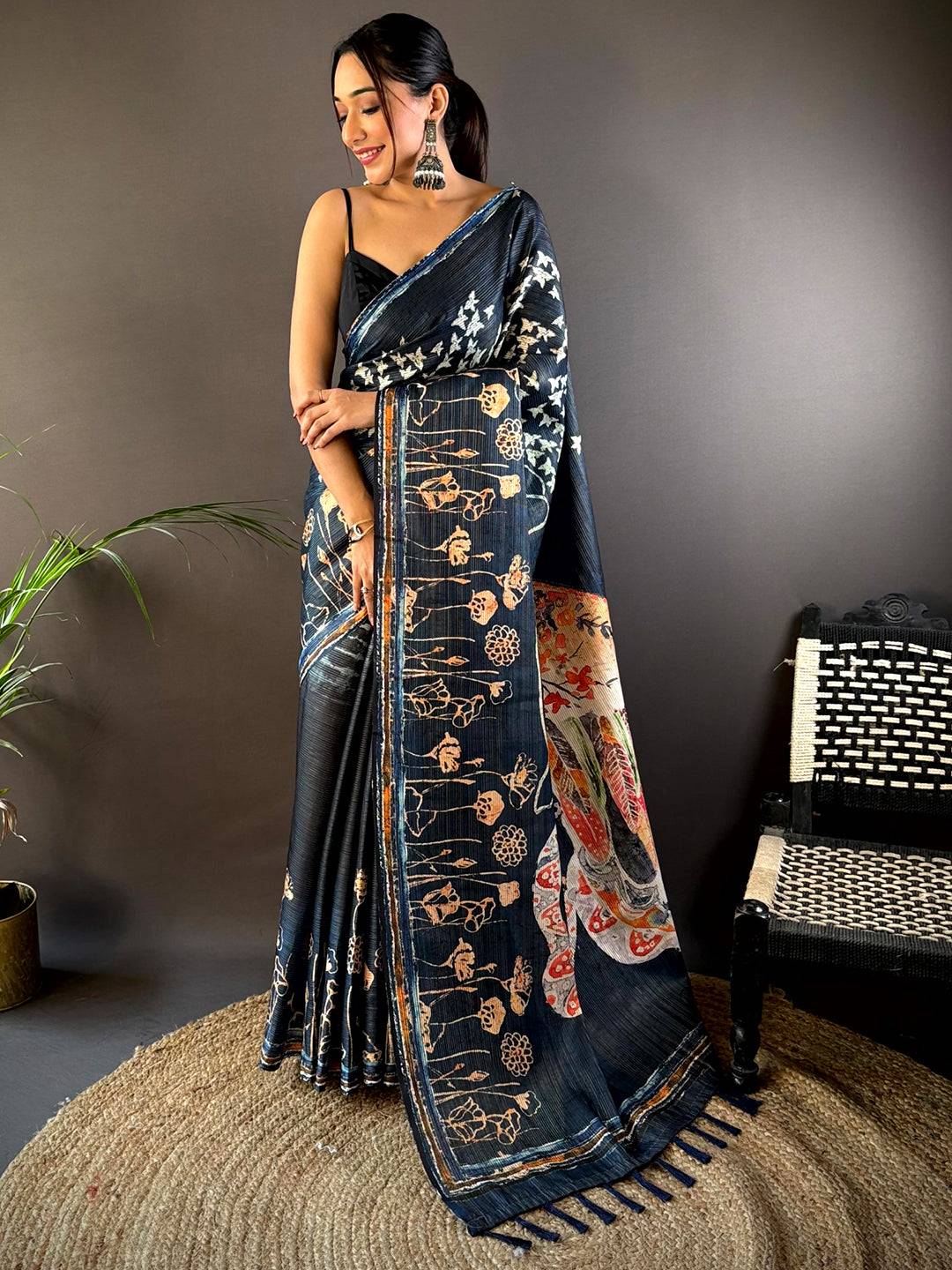Deep Teal Monochromatic Botanical Print Saree by My Store