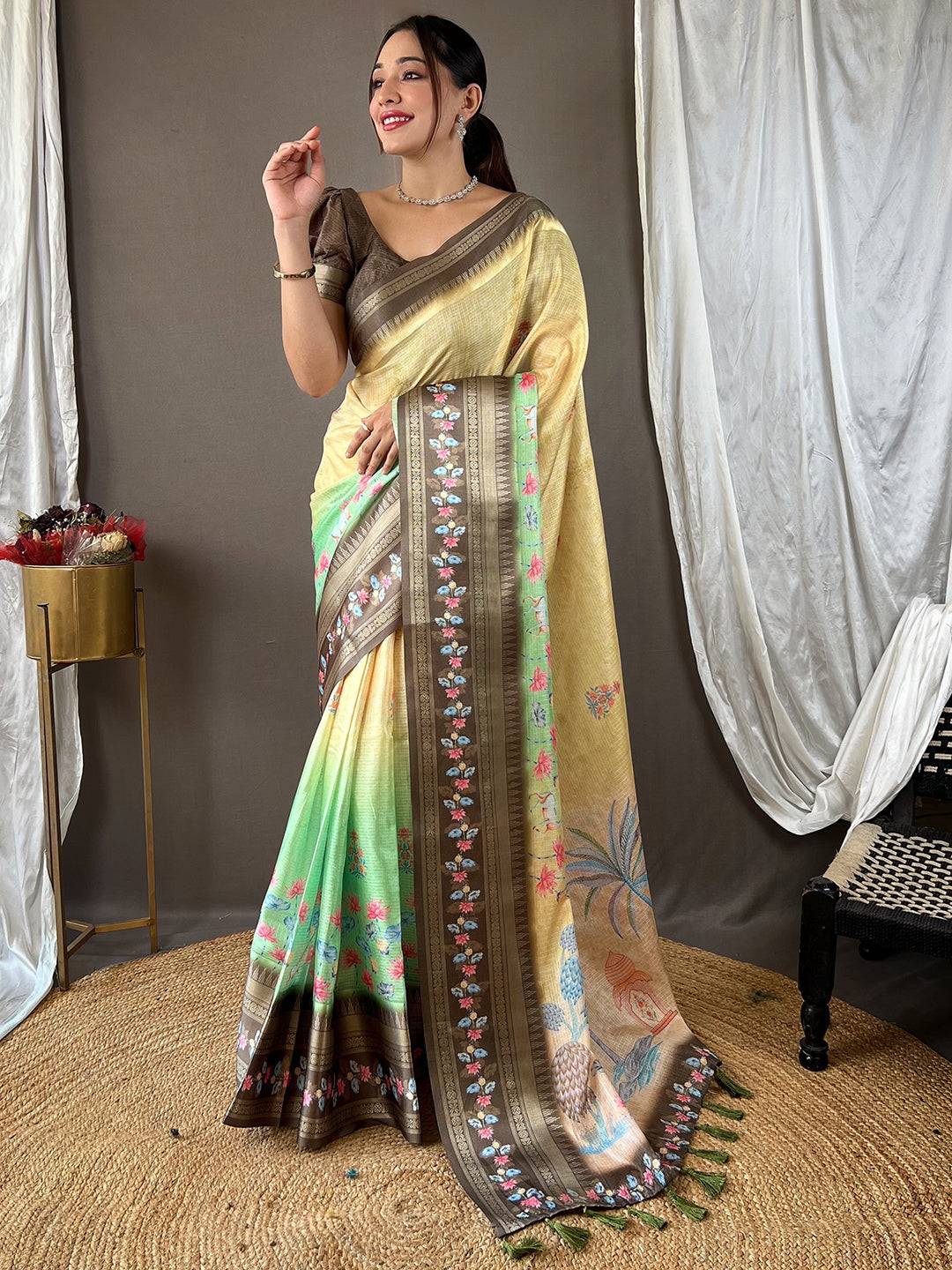 Beige Kota Satin Border Saree