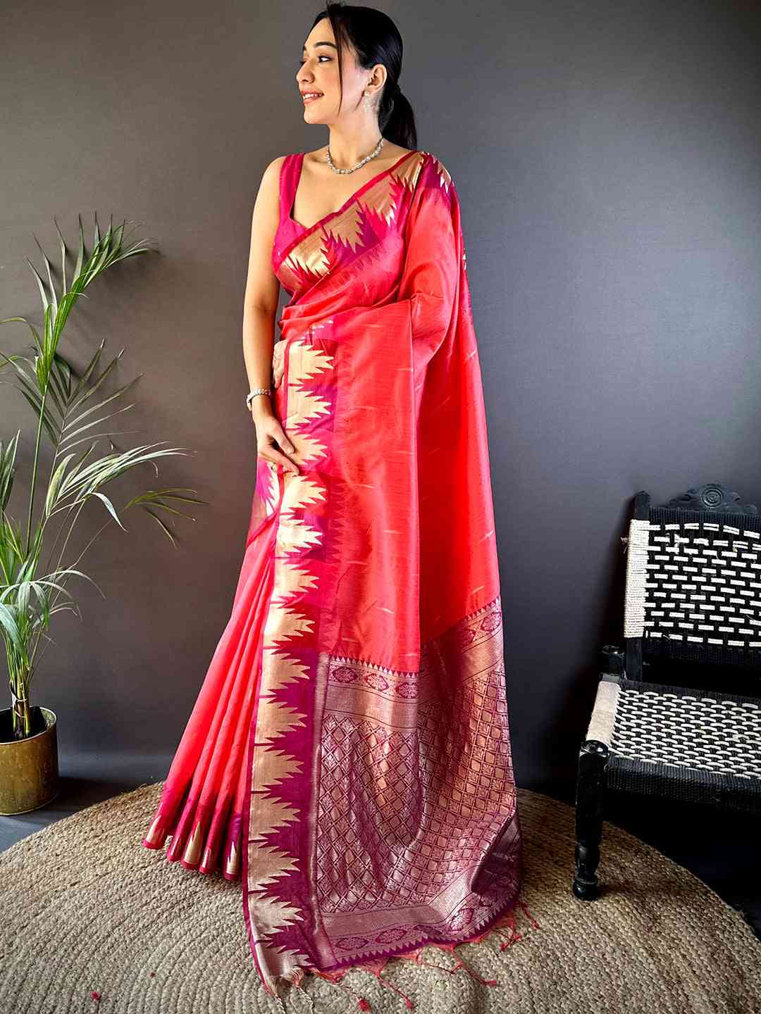 Peach Banarasi Raw Silk Ikkat Saree by My Store