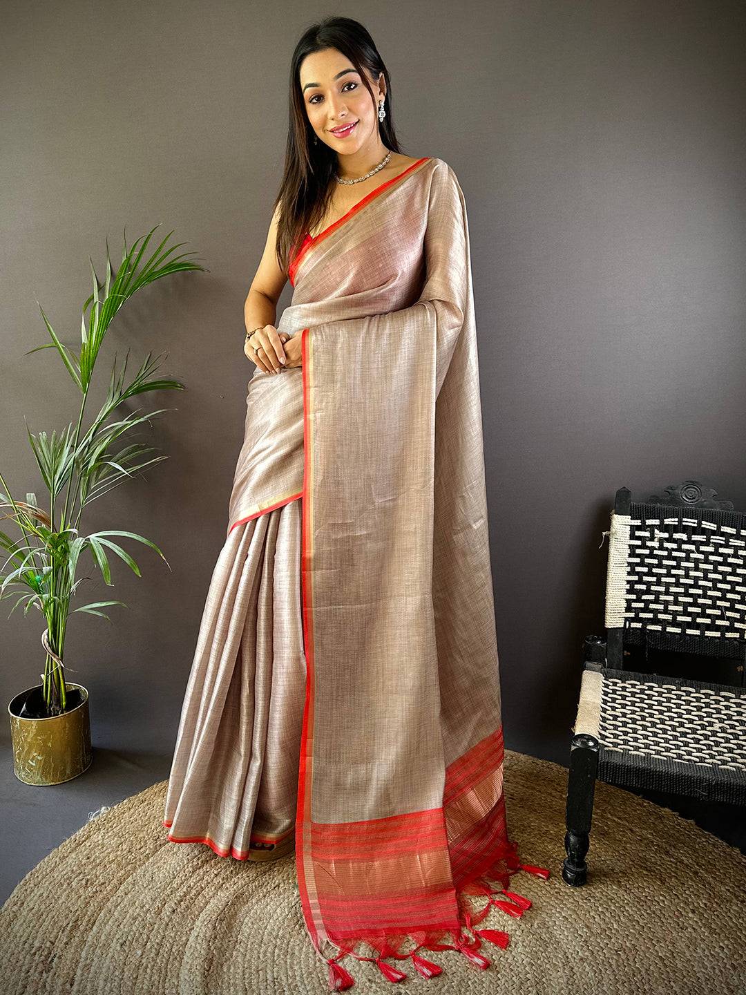Radiant Ember Satin Tissue Saree by My Store