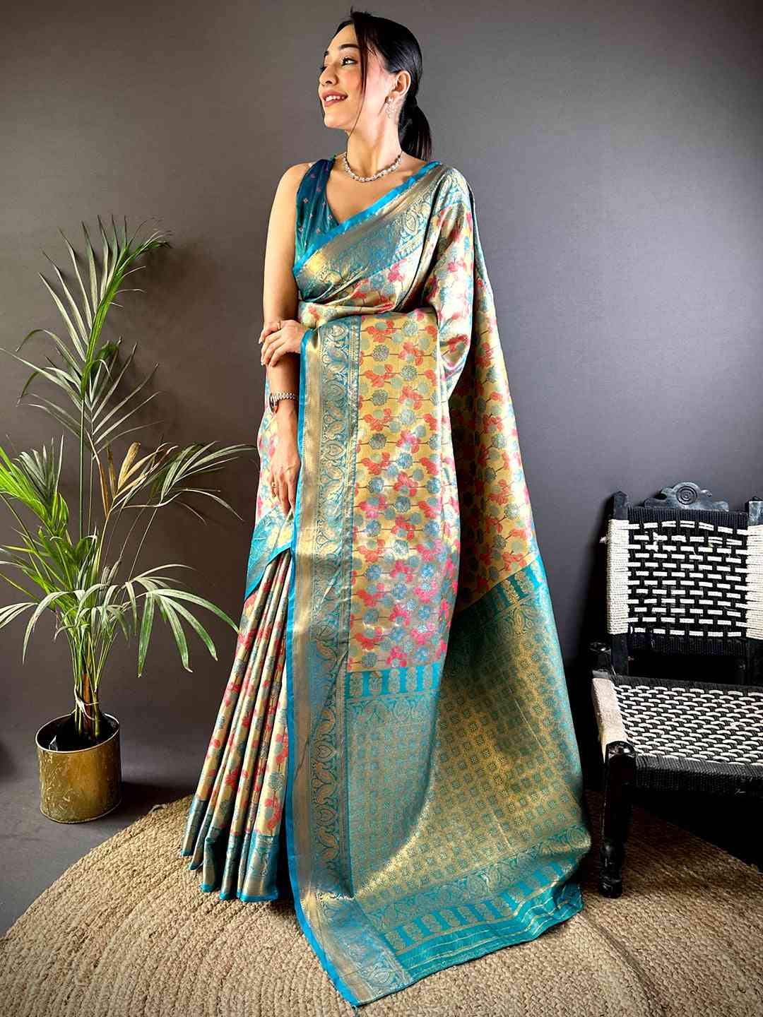 Serene Rama Floral Dharmavaram Silk Saree by My Store