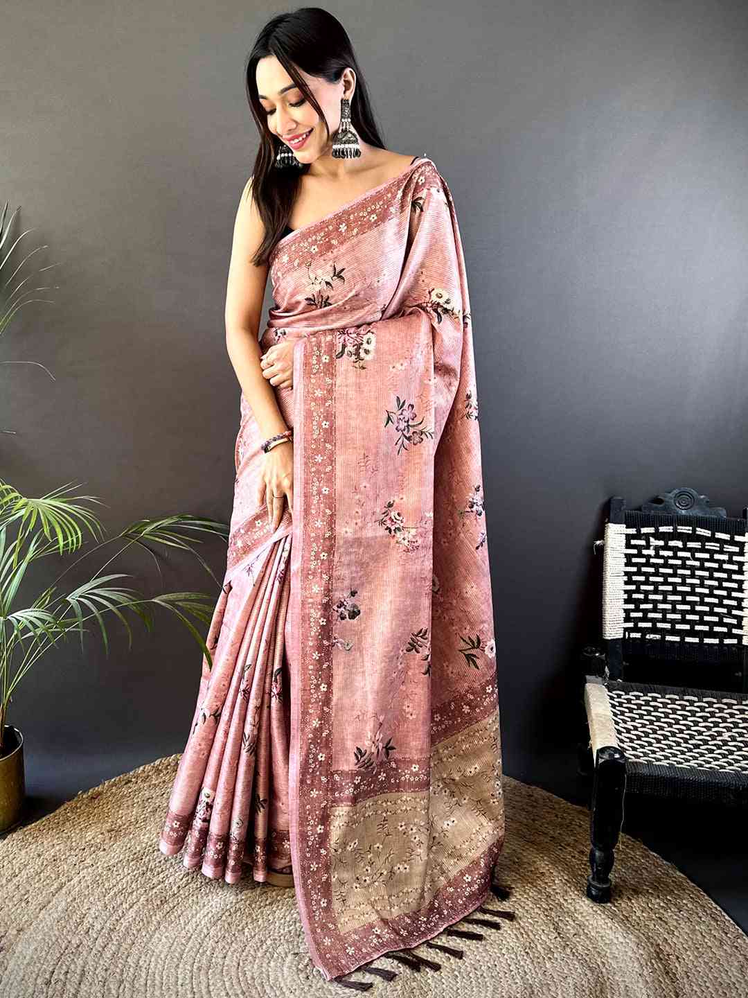 Pastel Pink Zari Tussar Floral Print Saree by My Store