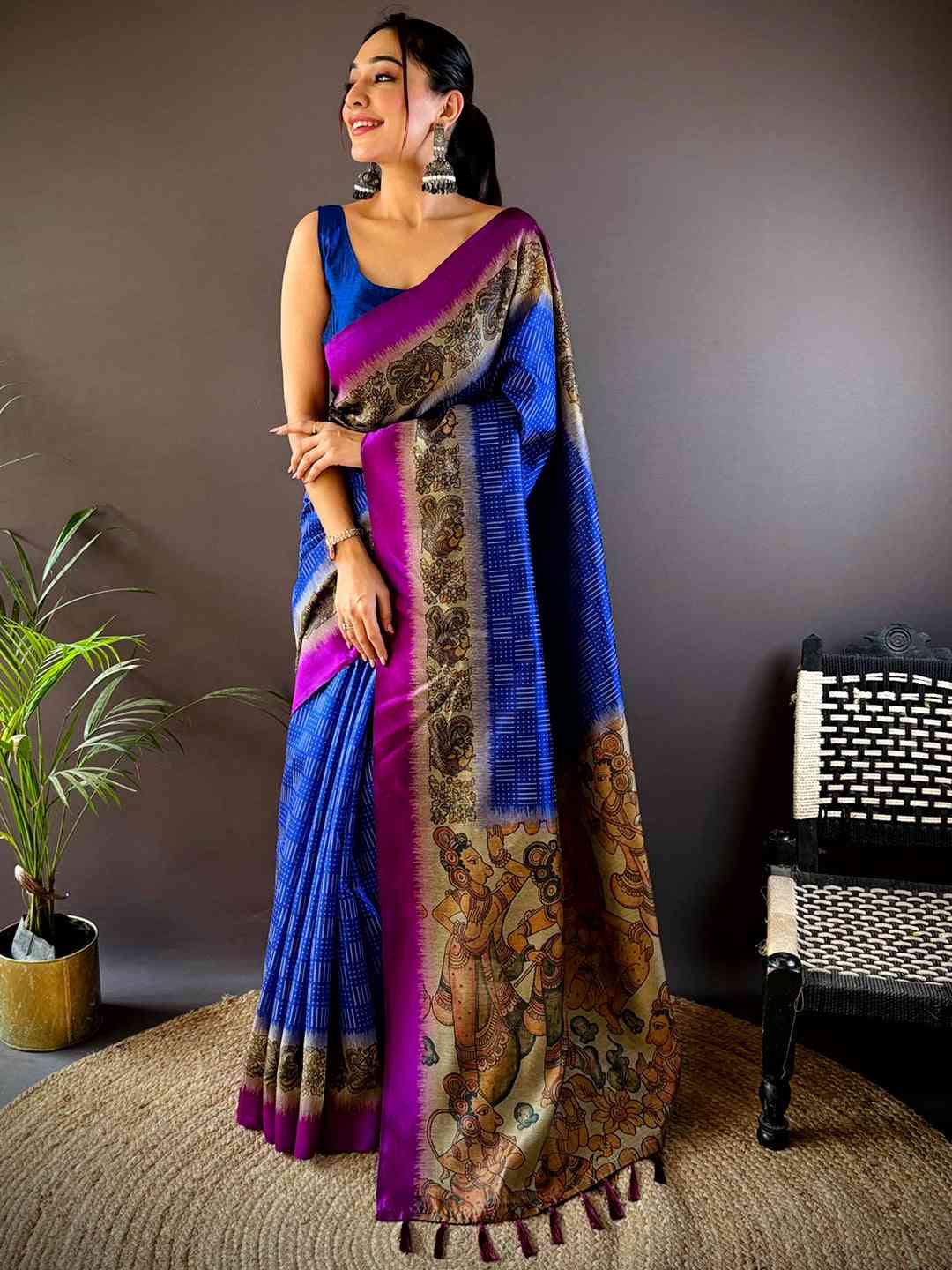 Blue Soft Silk Kalamkari Pallu Saree