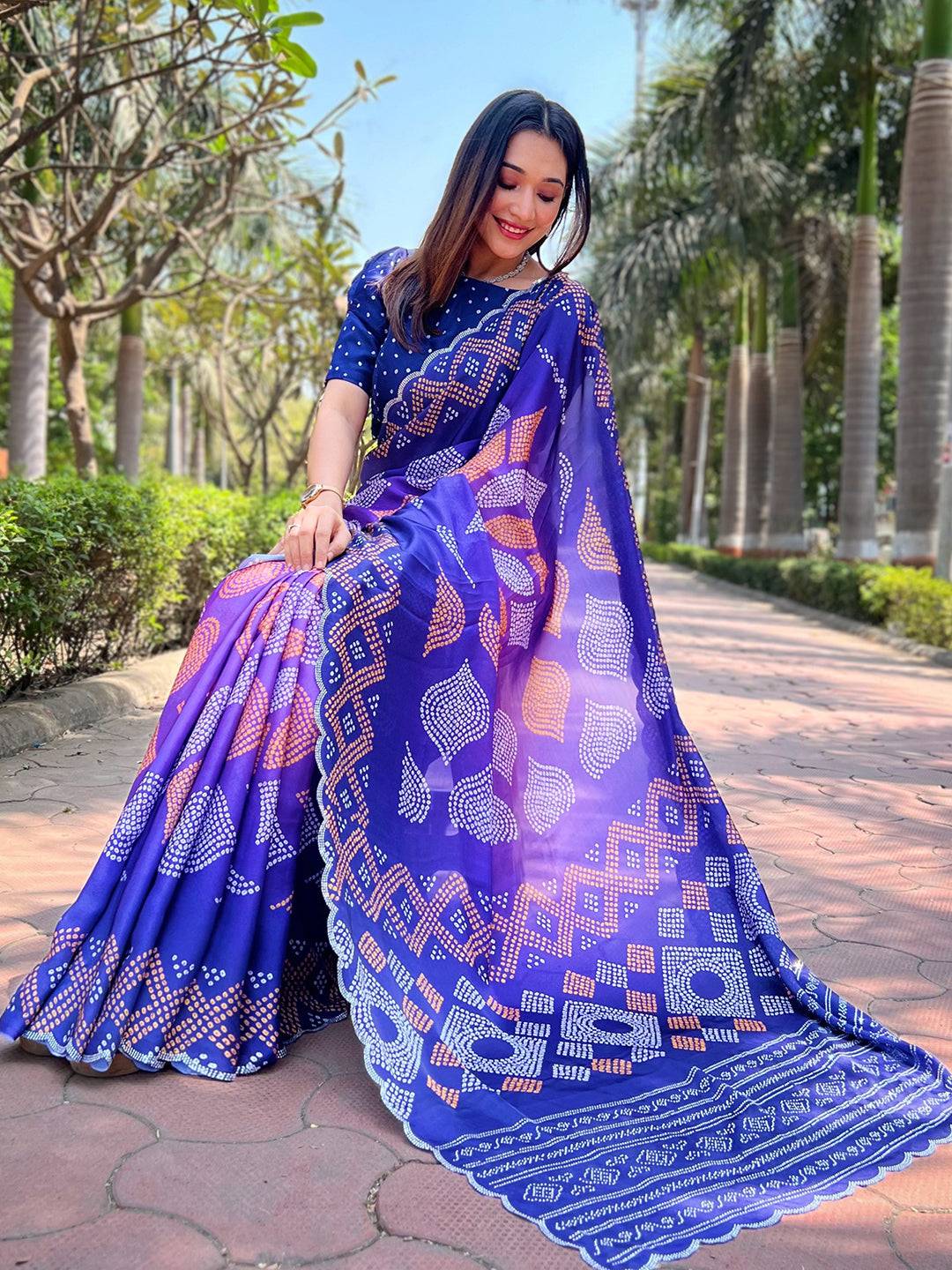 Indigo Georgette Silk Saree with Ombre Bandhej Print & Swaroski Stone Work by My Store