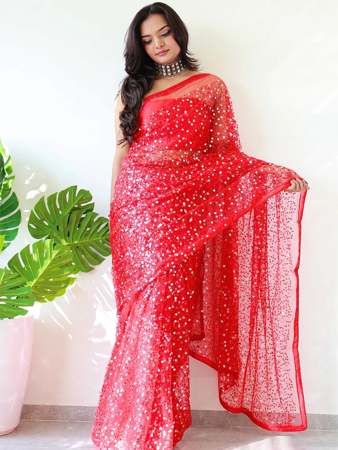 Beautiful Net Saree With Sequins Embroidery Work