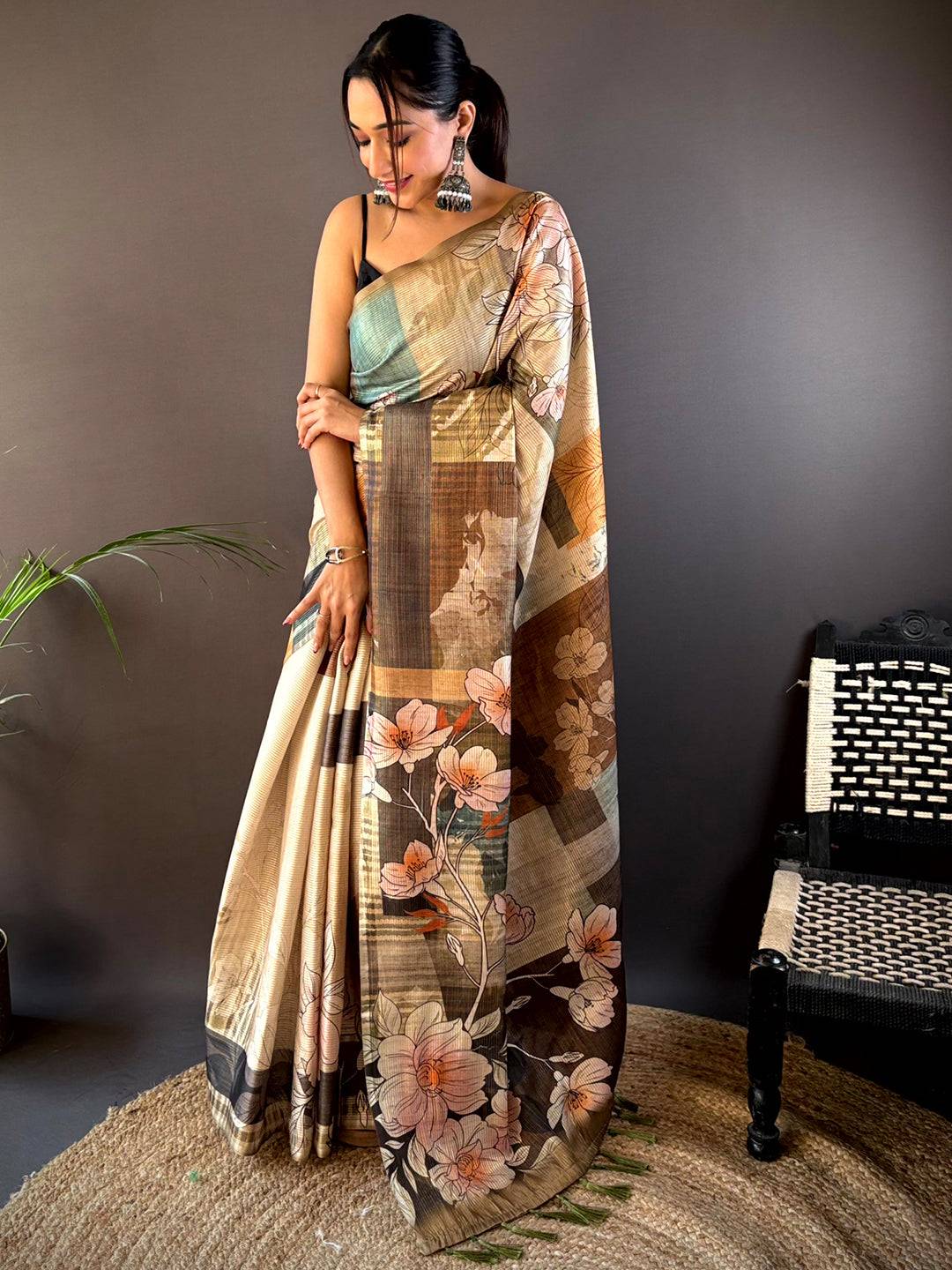 Dark Khaki Semi-Gold Zari Abstract Tussar Saree by My Store