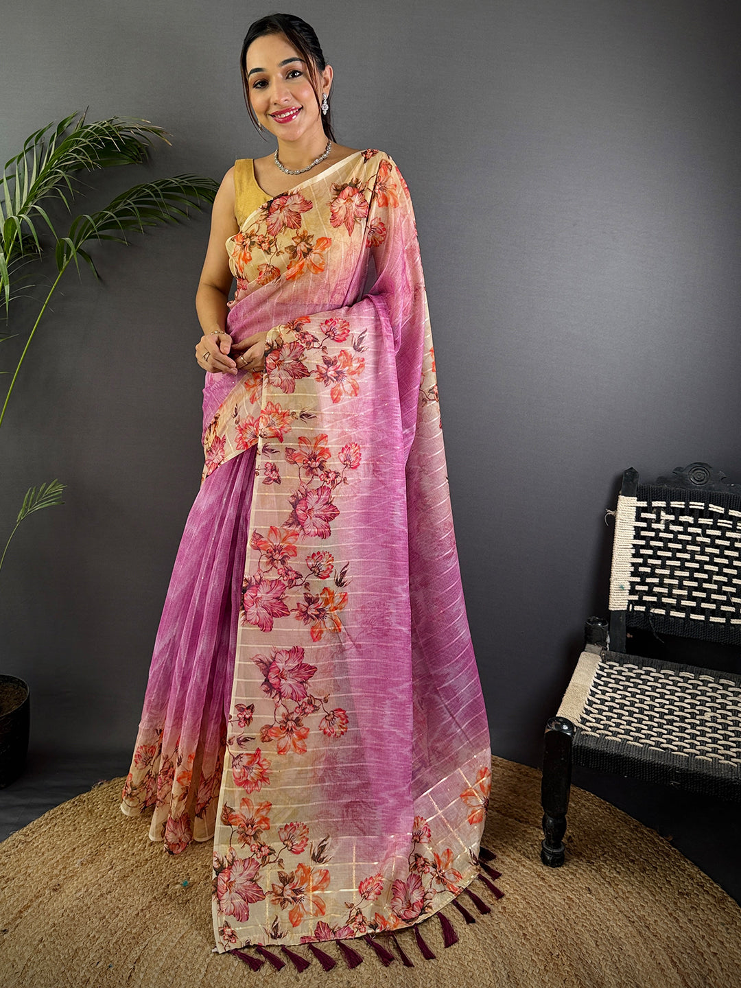 Rose Pink Soft Organza Digital Floral Saree by My Store