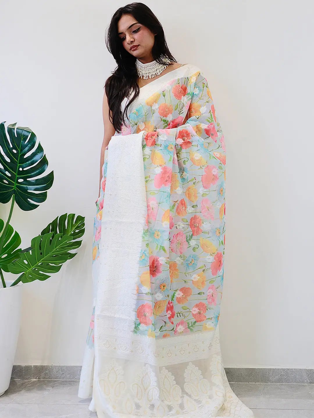 Multi Colour Digital Print Bollywood Saree in Lakhnavi Slub Pattern by My Store