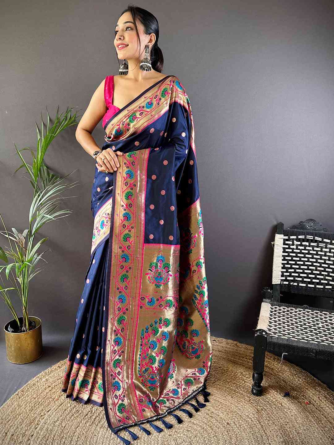 Navy Colour Yevla Paithani Soft Silk Saree by My Store