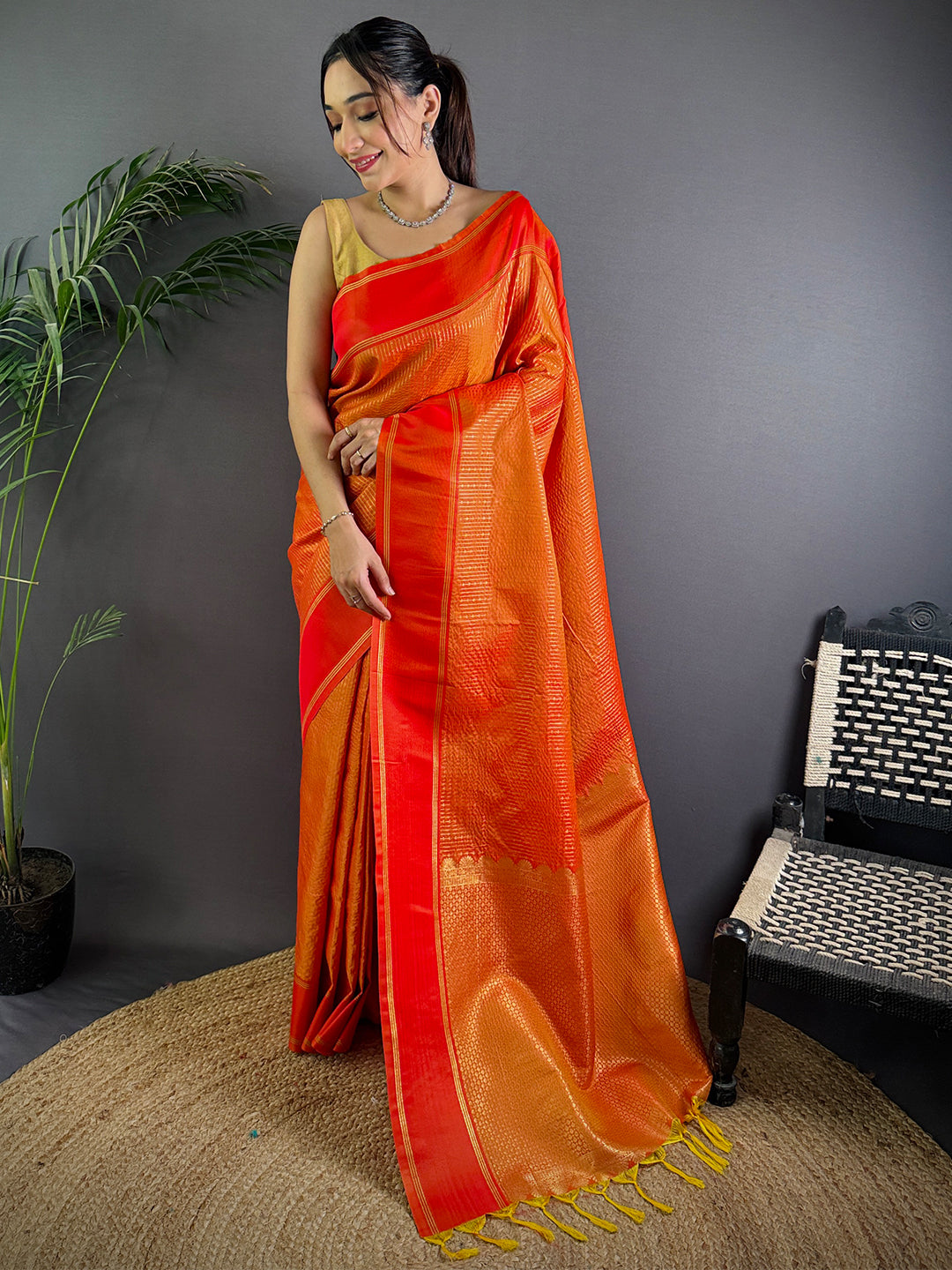 Radiant Orange Soft Silk Saree by My Store