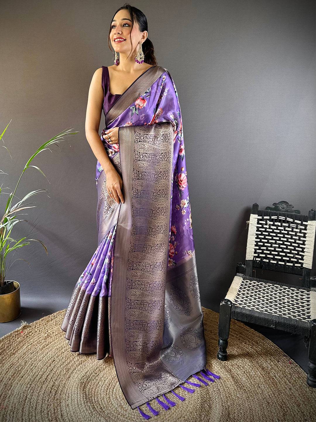 Purple Satin Silk Floral Print Saree by My Store