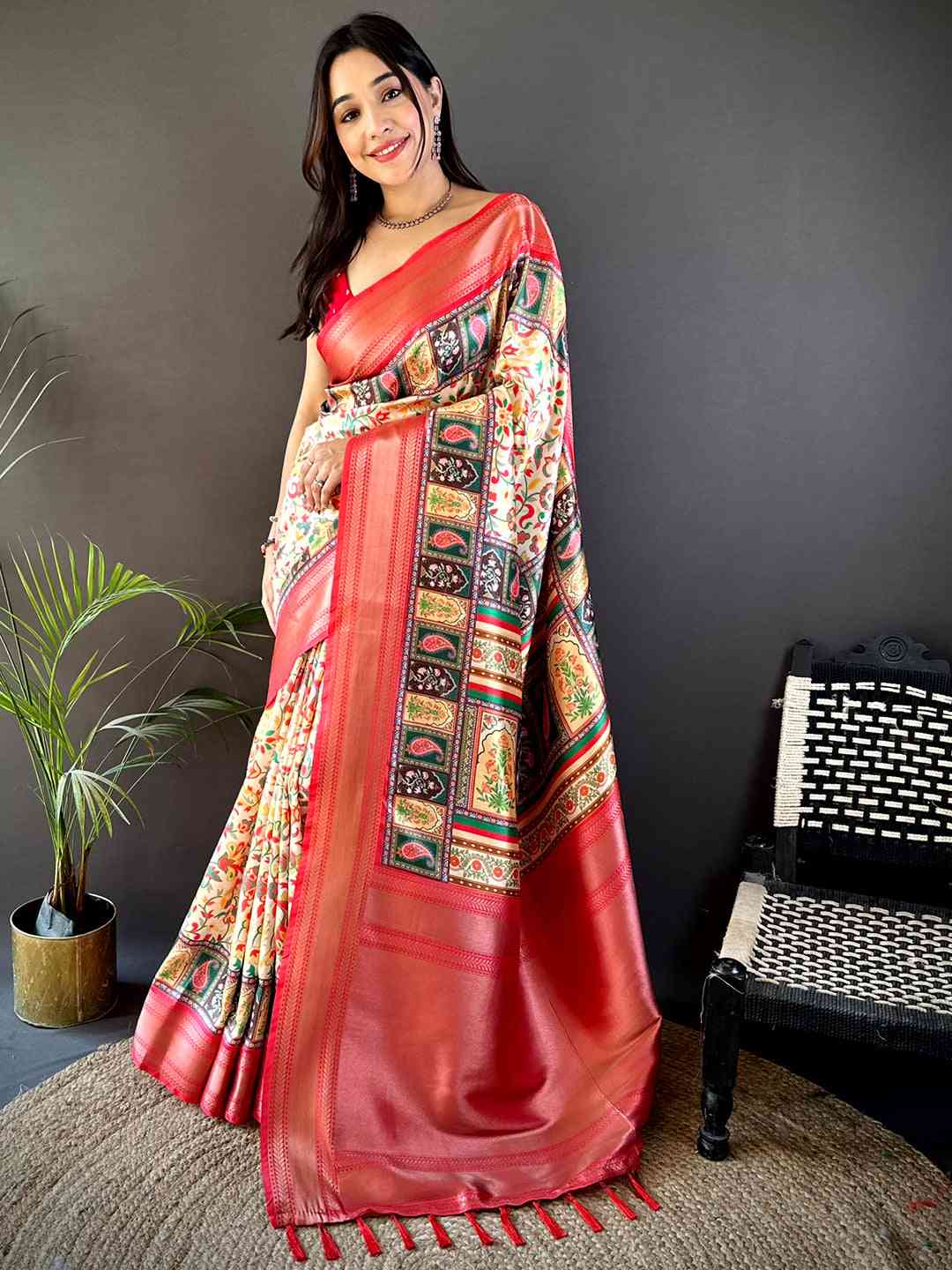 Cream Mughal Kalamkari Print Pashmina Saree by My Store