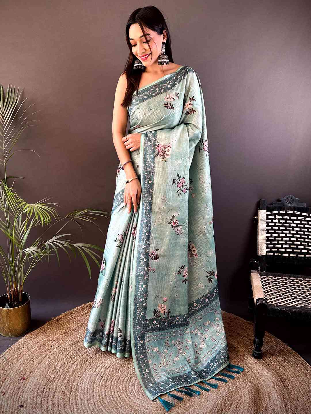 Pastel Green Zari Tussar Floral Print Saree by My Store