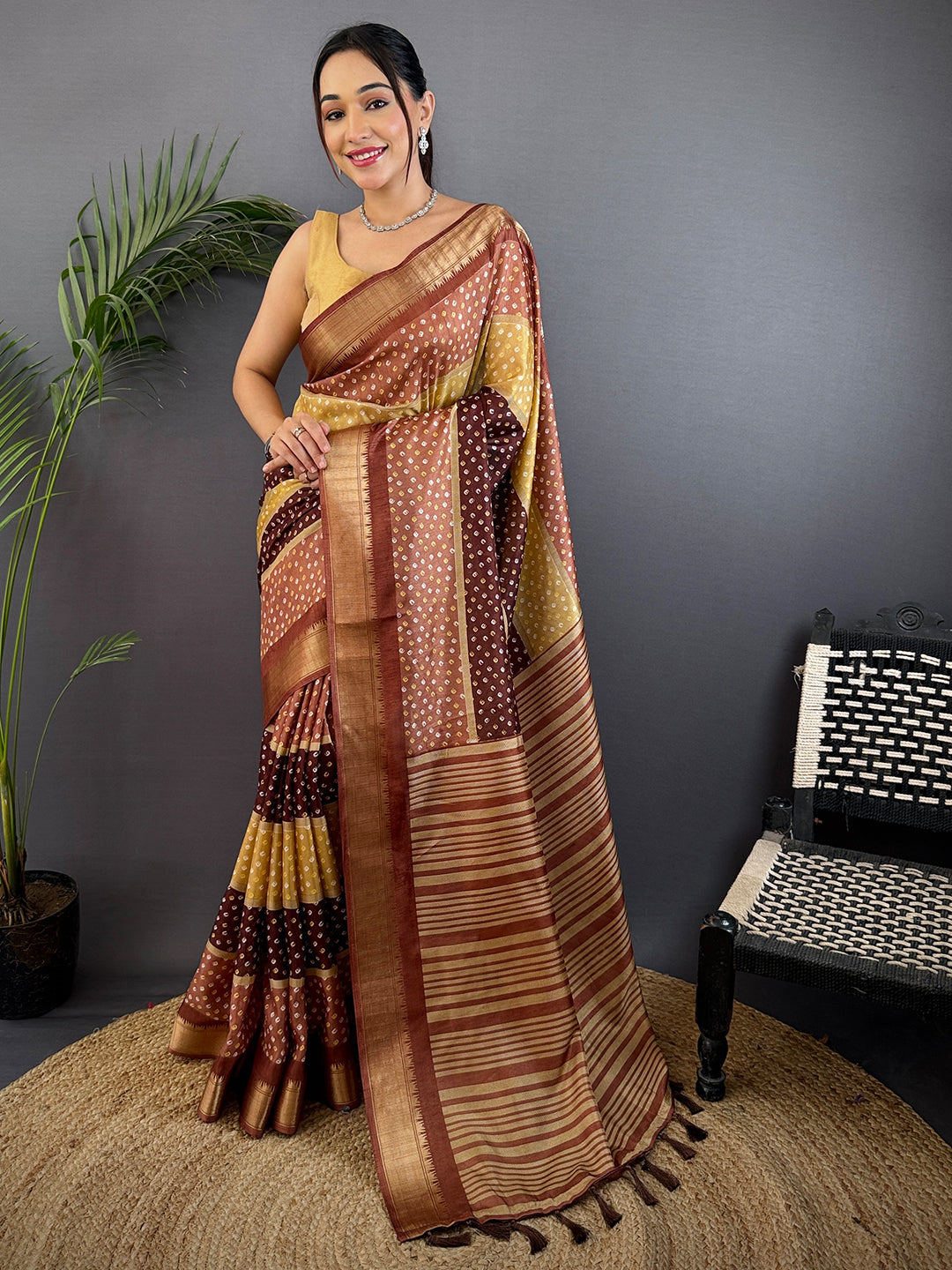 Brown Soft Dola Bandhej Print Saree by My Store