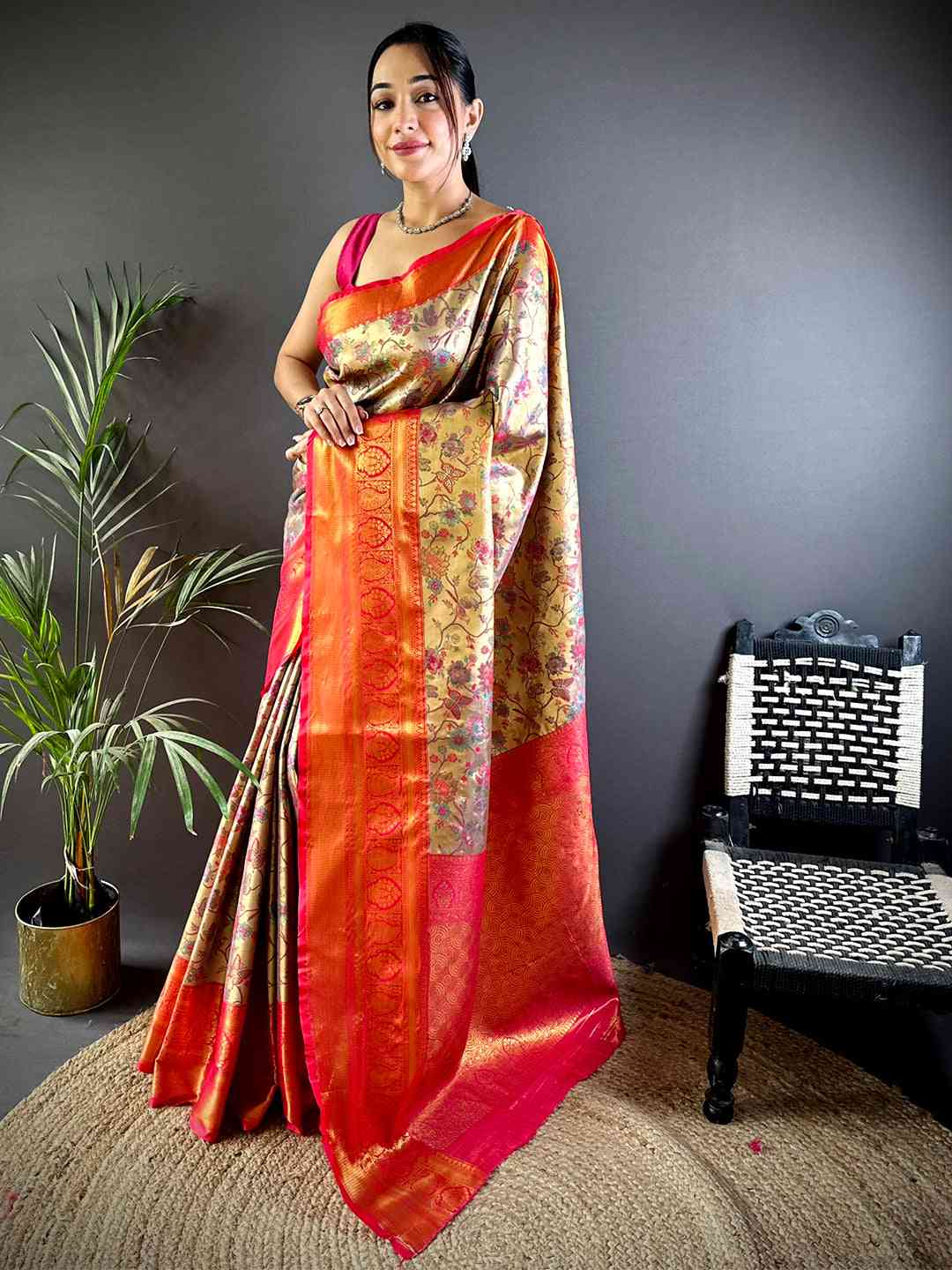 Elegant Red Butterfly Floral Dharmavaram Saree by My Store